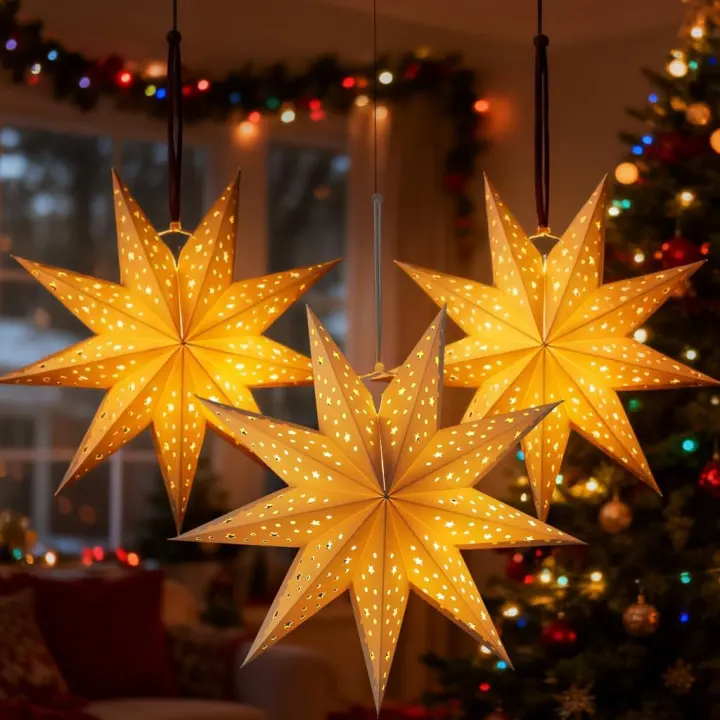 3-Pack Paper 9-Point Star Lanterns — Hanging Holiday Decorations (13.78 x 13.78 x 5.12 in)